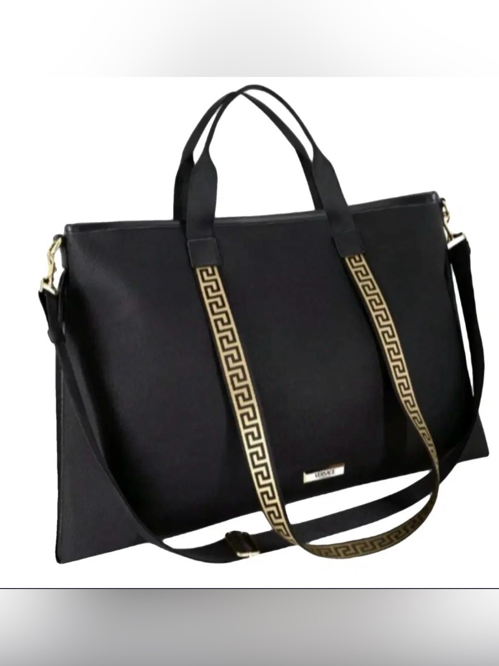 Versace Black Tote with Gold Greek Key Straps